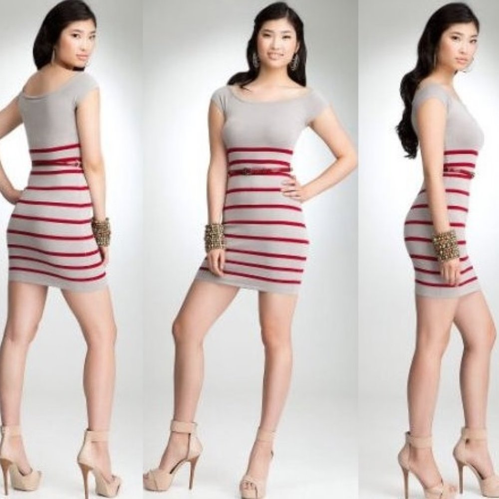 Bebe Off Shoulder Red & Gray Stripe Bodycon Mini Dress Small